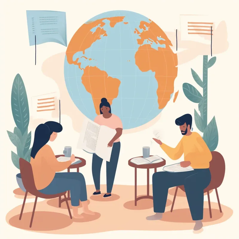 Three people practising a language at a café table
